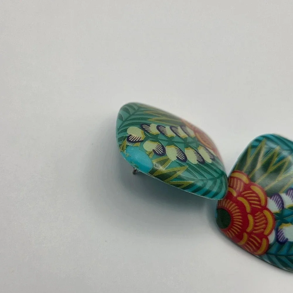 Avon Tropical Beauty Earrings Womens OS Teal Good 1987 Floral Lucite Square 80s